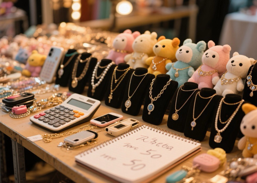 Wholesale samples and prices on a Yiwu market booth table