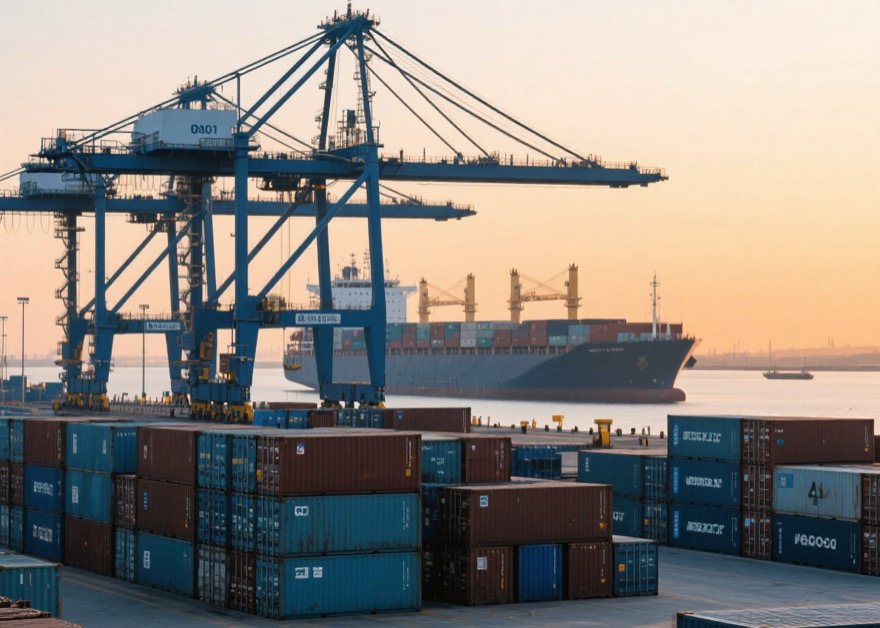 Cargo ship and stacked containers at a Chinese export port