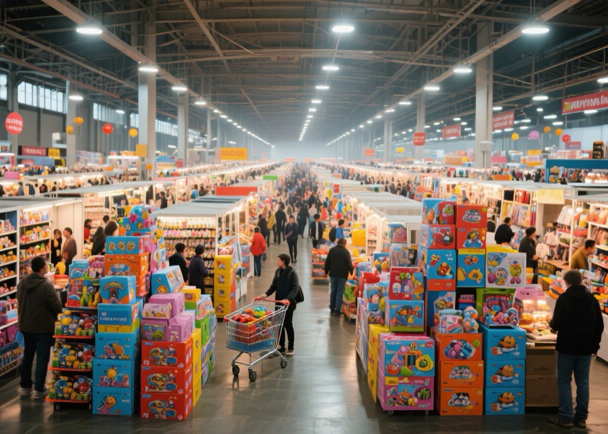 Rows of colorful wholesale booths inside Yiwu International Trade City